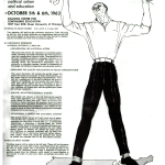 Drawing of a man ripping a ballot box in half, next to text advertising Protest at the Polls, October 5 and 6, 1963